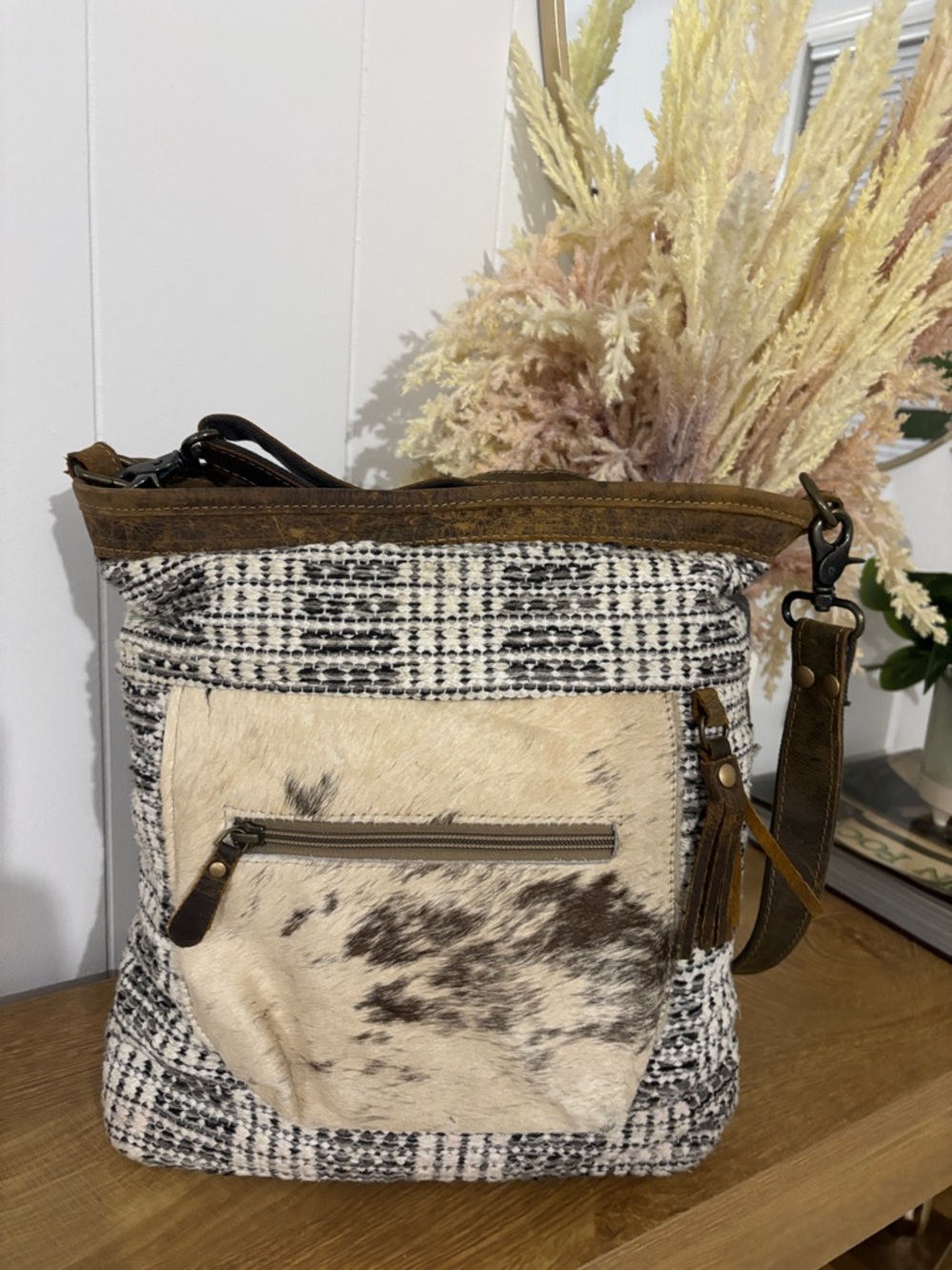 Myra Bag Woven Pattern Crossbody Bag with Cowhide Front Pocket - Picture 4 of 16